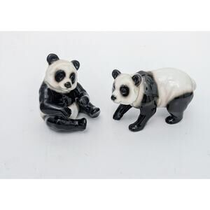 Franz Porcelain Set Of 2 Panda Figurines Kitschy Folk Art Glazed Asian Bamboo